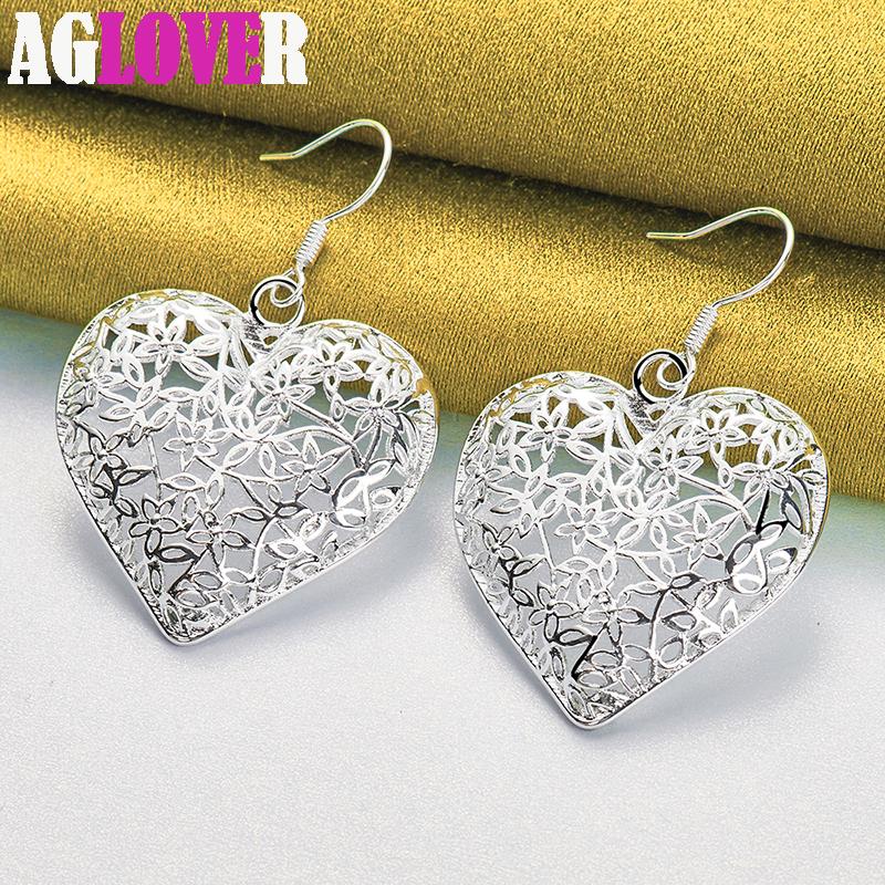 925 Sterling Silver Hollow Heart Flower Earrings Jewelry