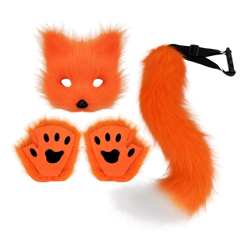 

Wolf Foxes Costume Set Plush Animal Mask Animal Tail and Glove, Halloween Animal Costume for Kid Adult Halloween Cosplay оранжевый
