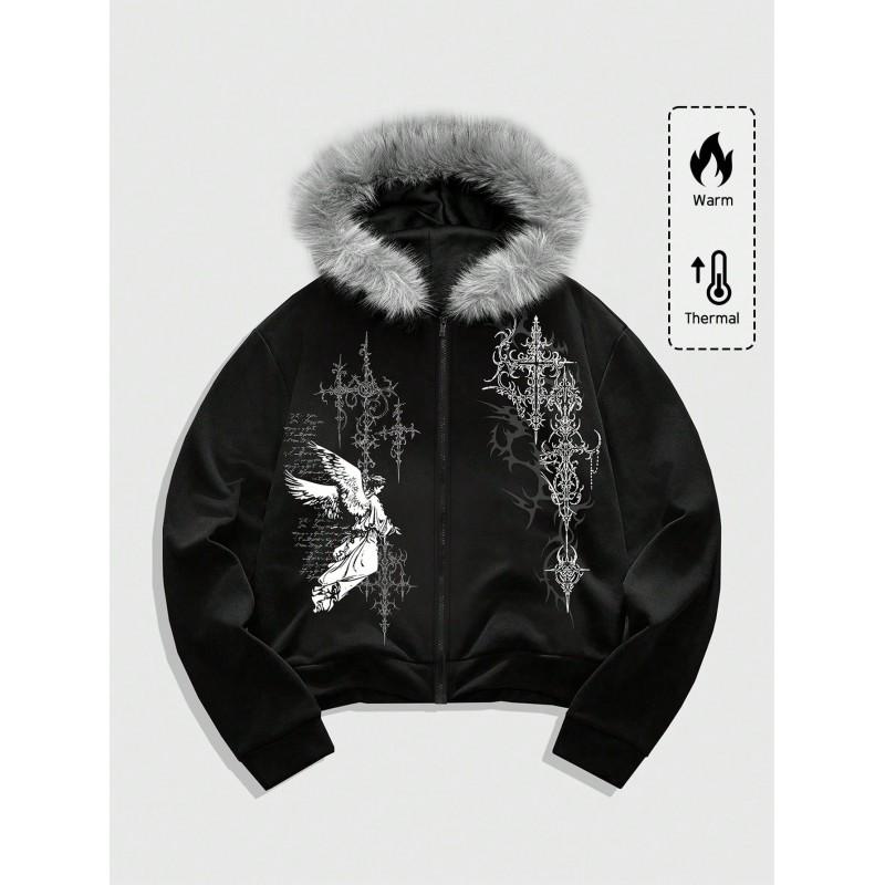Gothic Streetwear Hooded Zip-Up Sweatshirt Unisex Oversized Print Pullover Winter
