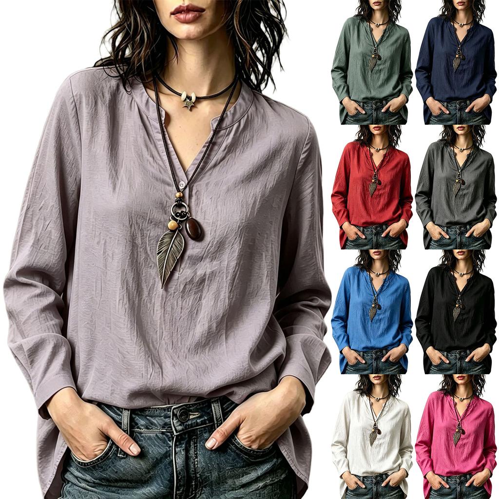 Women's Linen Shirt Casual Long Sleeve Color Button Down Top for Work and Daily Wear