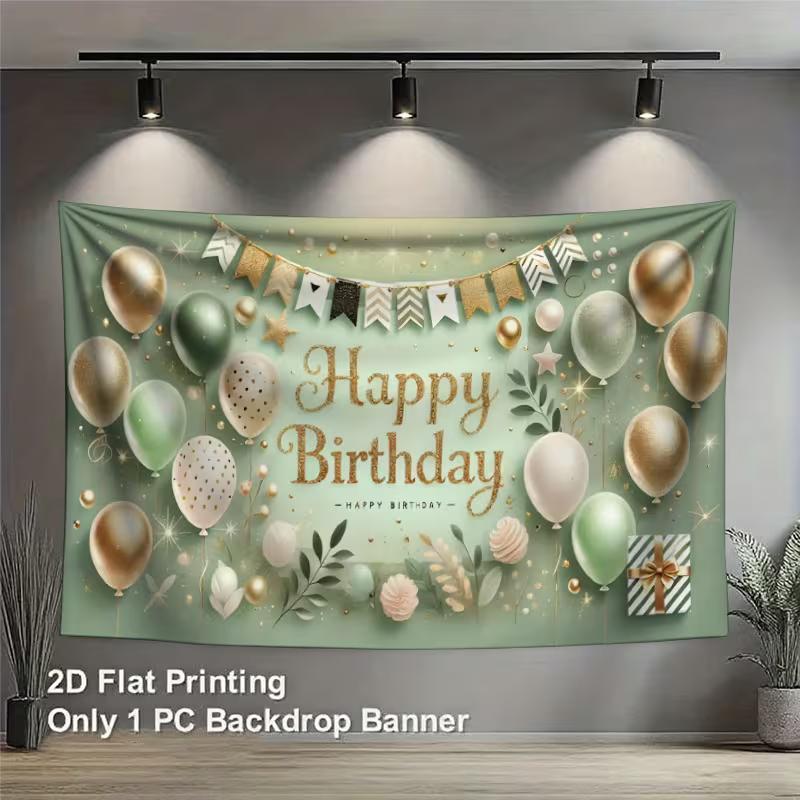 2D Sage Green Gold Happy Birthday Backdrop Banner, 8x6ft Party Background
