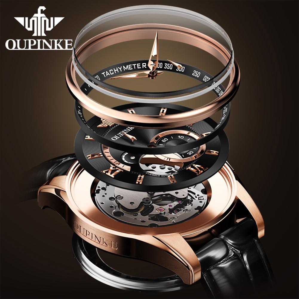 OUPINKE 3222 Original Luxury Men Watch Leather Strap 3D Hollow Chronograph Sapphire Top Brand All Automatic Men Mechanical Watch