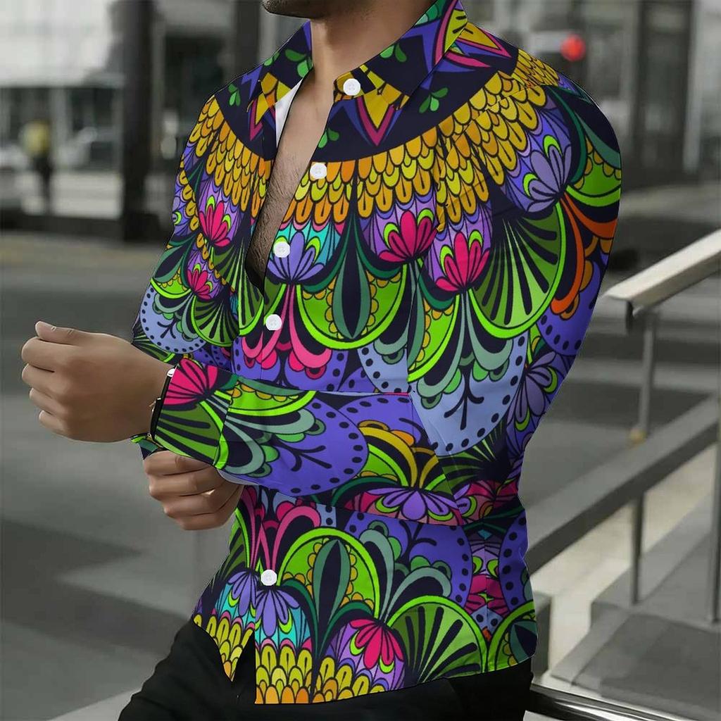 Men Collared Shirt Dark Blue Light Leaf Floral Silhouette Print Long Sleeve Button Down Top