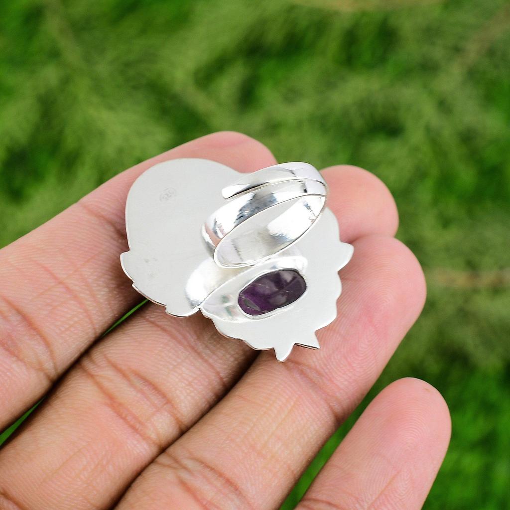 925 Silver Oval Natural African Amethyst Art Deco Statement Stackable Bezel Ring