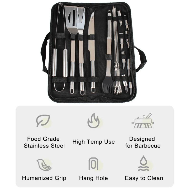 Stainless Steel BBQ Tool Set with Oxford Storage Bag Portable Outdoor Grilling Utensils Kit for Camping Picnic Barbecue