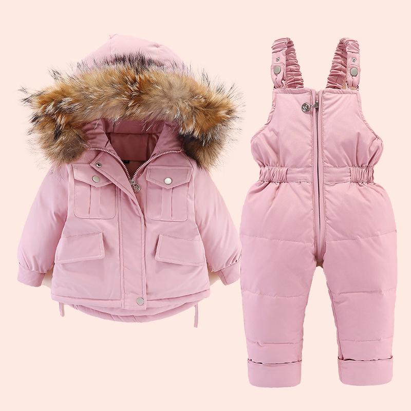 2024 Winter Kids' Down Jacket Set: Korean Style, Big Fur Collar, Two-Piece for Boys and Girls