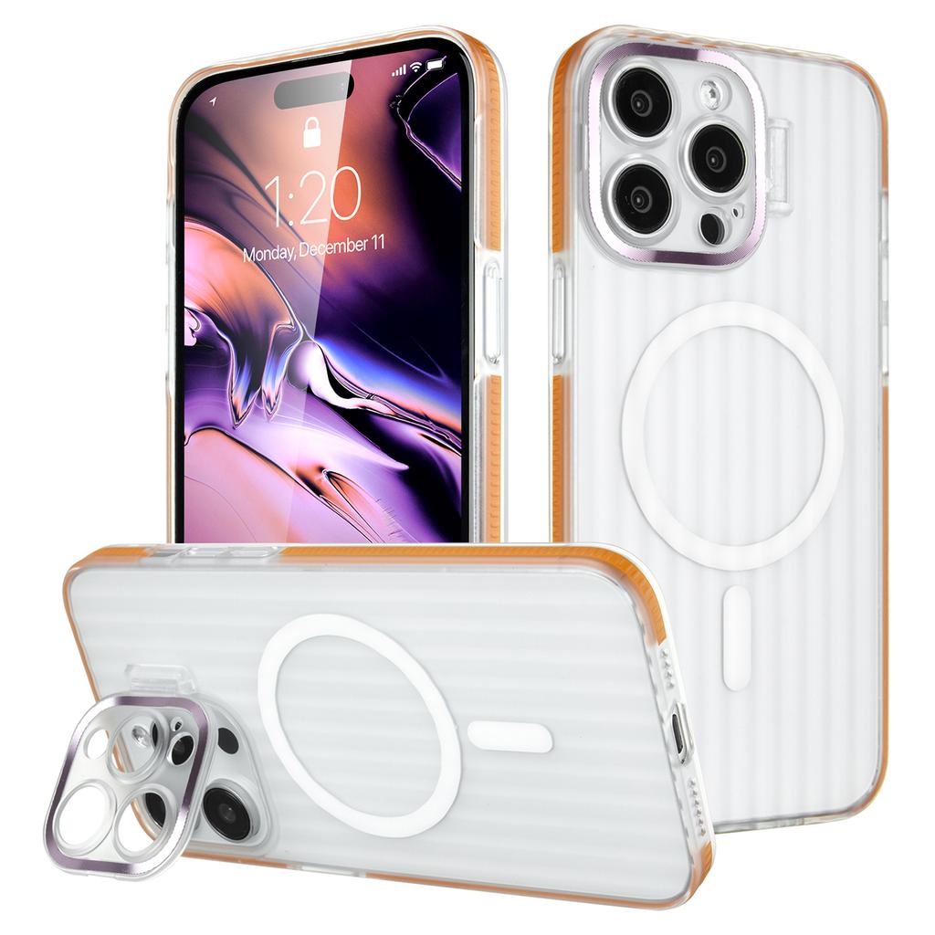 For iPhone 14 Pro Case with Kickstand PC+TPU Phone Cover Strip Pattern Back Compatible with MagSafe