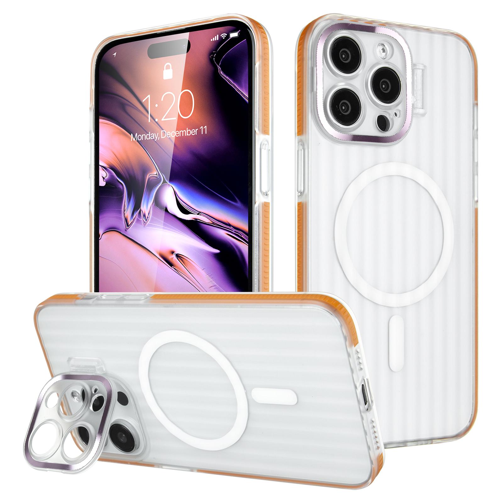 

For iPhone 14 Pro Max Case Compatible with MagSafe Kickstand PC+TPU Phone Cover Strip Pattern Anti-Slip Orange