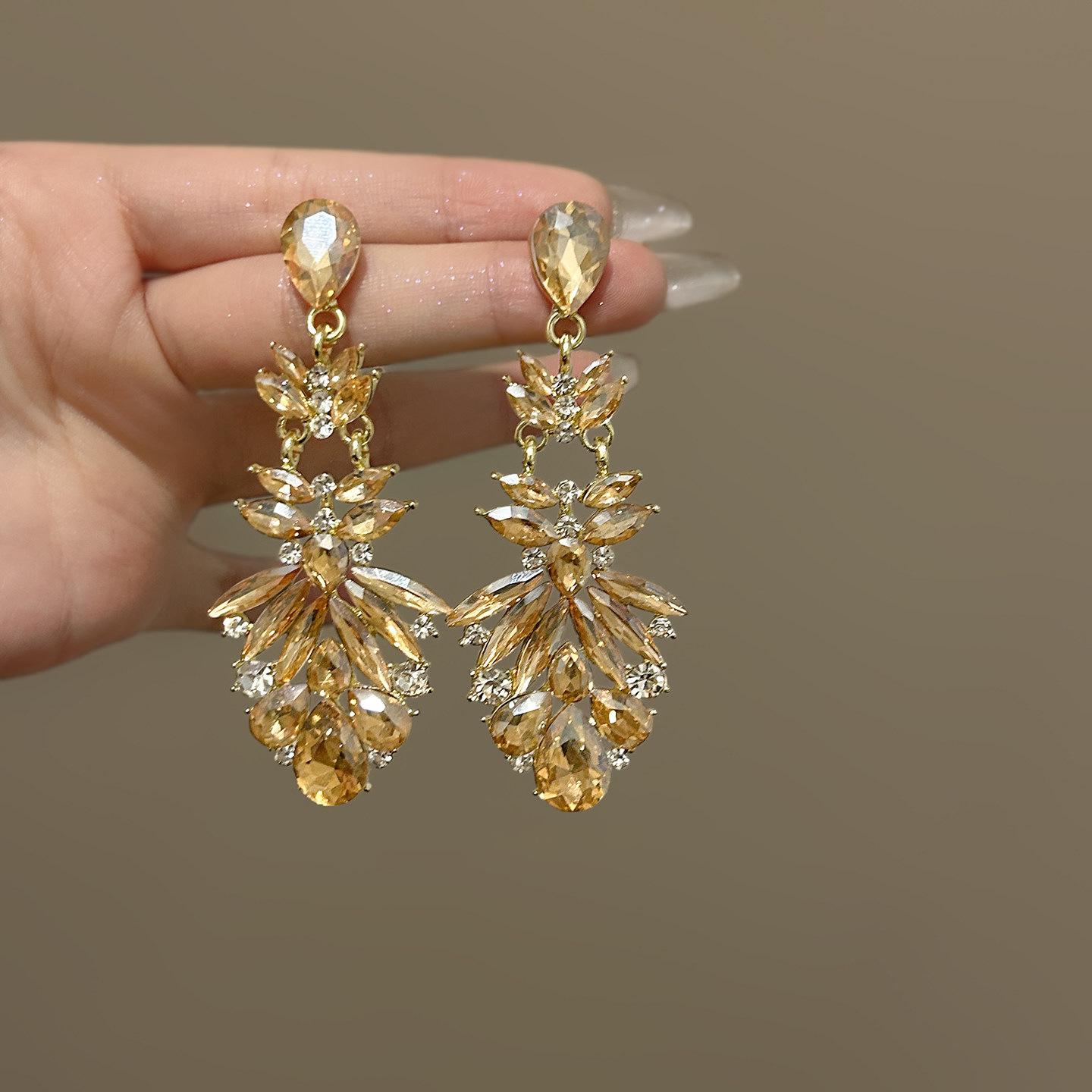European and American court style diamond-encrusted water drop fringed stud earrings exaggerated and exquisite earrings