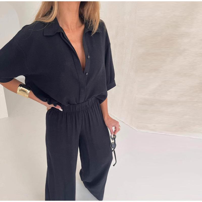 Women's Mid Sleeved Shirt and Wide Leg Pants Set with Solid Color Ruffle Decoration Women's Summer Set with Daily Casual Style Clothes