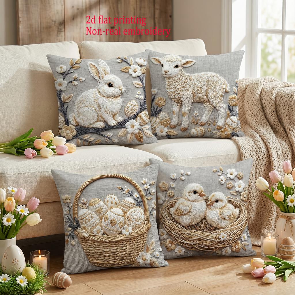 1/4pcs Easter-themed Pillowcases with Bunny Basket Chick Lamb 2d Flat Printing Sofa cushion cover home bedroom room decoration