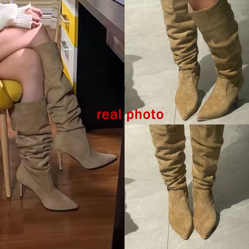 Retro Khaki Suede Mid Calf Boots Women 2025 Winter Sexy Pointed Toe High Heel Knee High Boots Brand Women's Shoes Plus Size 42