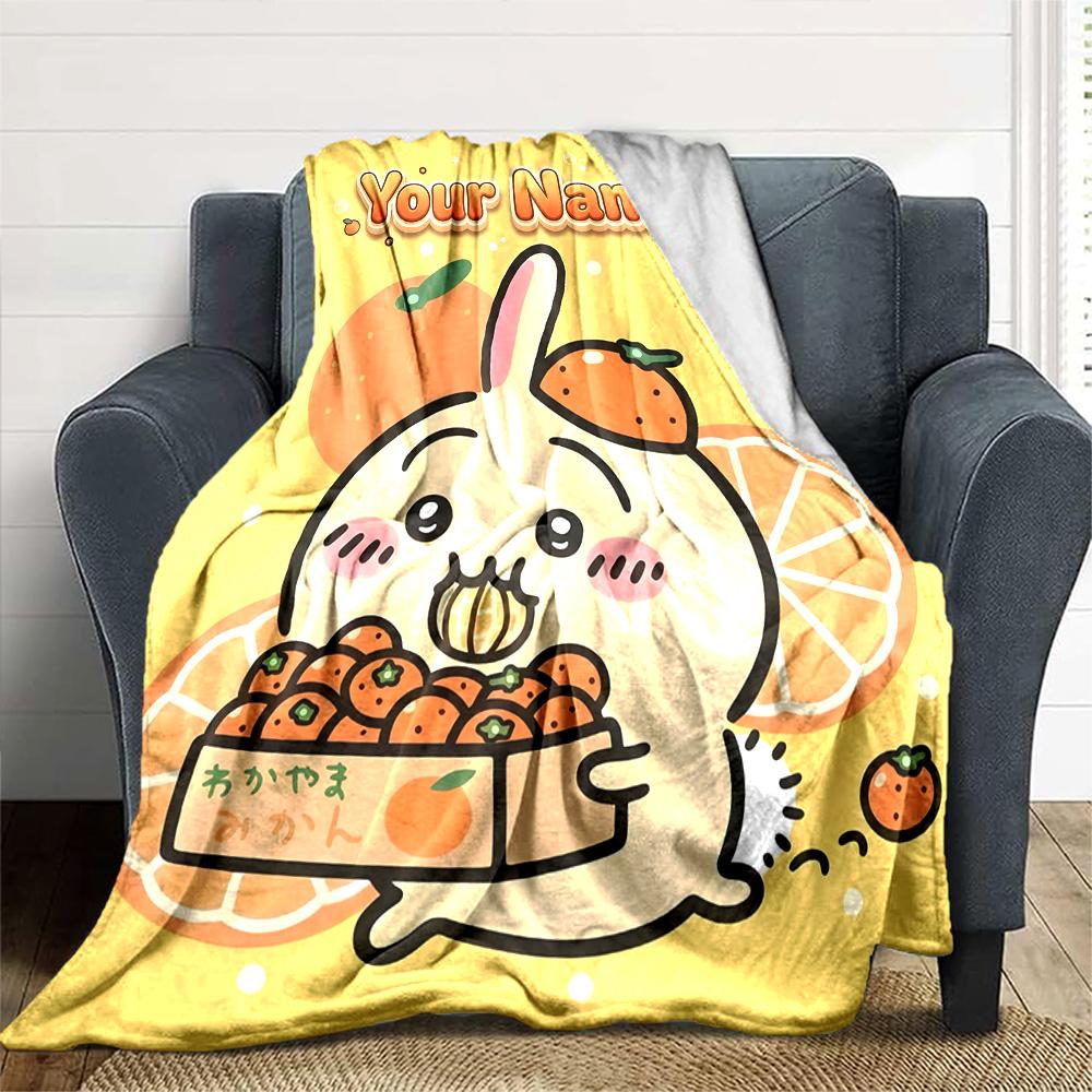1pc Chiikawa Blanket with Custom Name, Gift, for Men and Women, Soft Blanket, Good for Sofa Bed Couch Travel, Lightweight Flannel Blanket