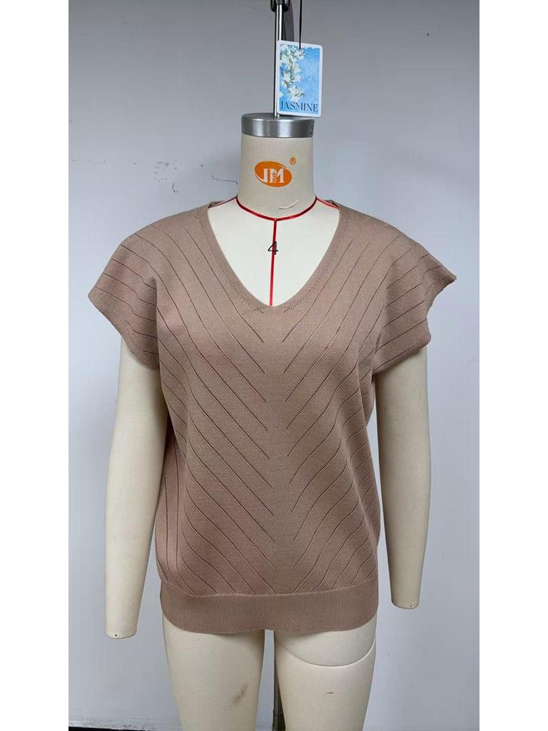 2026 Summer Hot Trend Beach Vacation Cap Sleeve V-Neck Hollowed-Out Casual Knit Sweater for Women