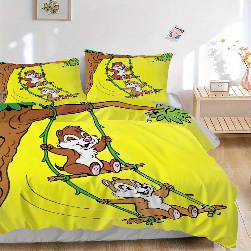 3pcs Chip & Dale on the Swing Pattern Bedding Three-Piece Set (1 Cover + 2 Pillowcases, No Fillings), This Printed Bedding Set Is Soft and Comfor