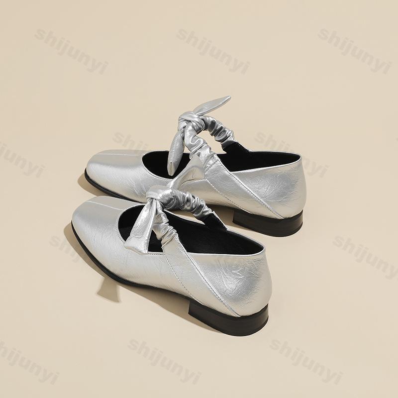 Fashion Elegant Bows Designed Shallow Mouth Single Shoes Women's 2025 Spring New Square Head Comfortable Slip On Casual Mary Jane Shoes