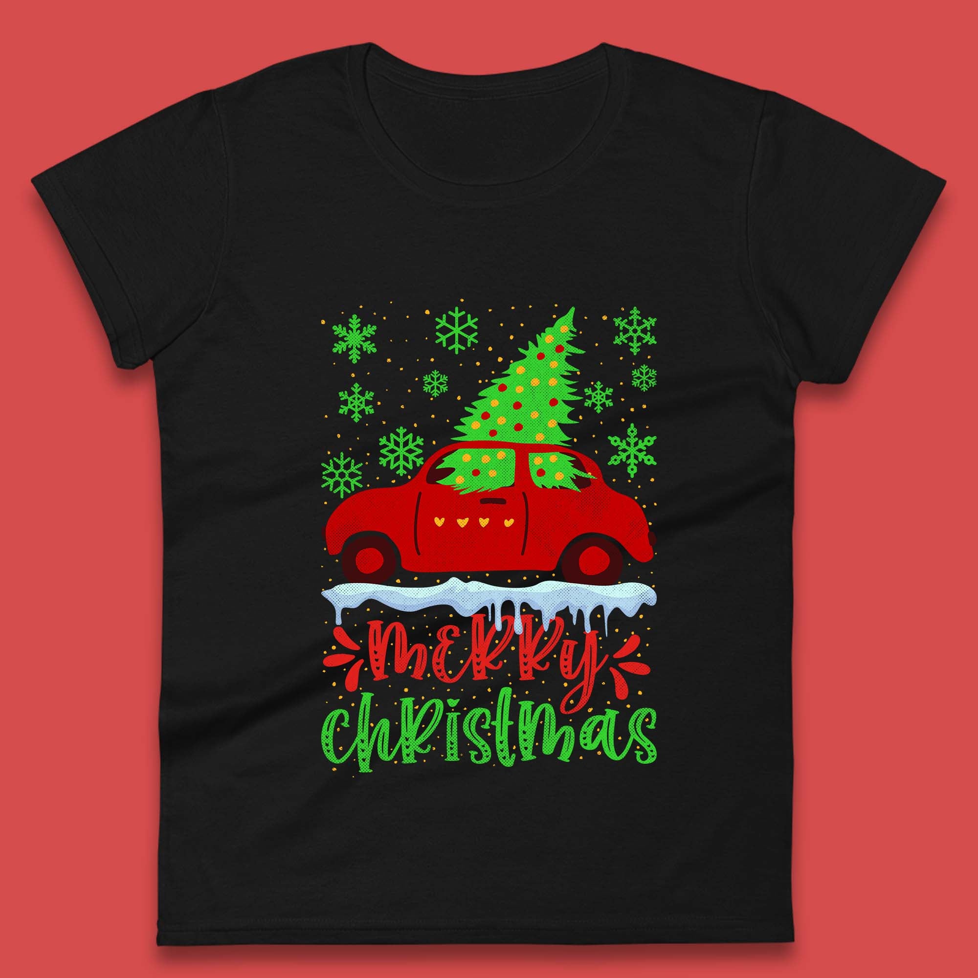 Merry Christmas Red Car Womens T Shirt Mens Tops Tees Unisex Christmas Tree Top 2XL