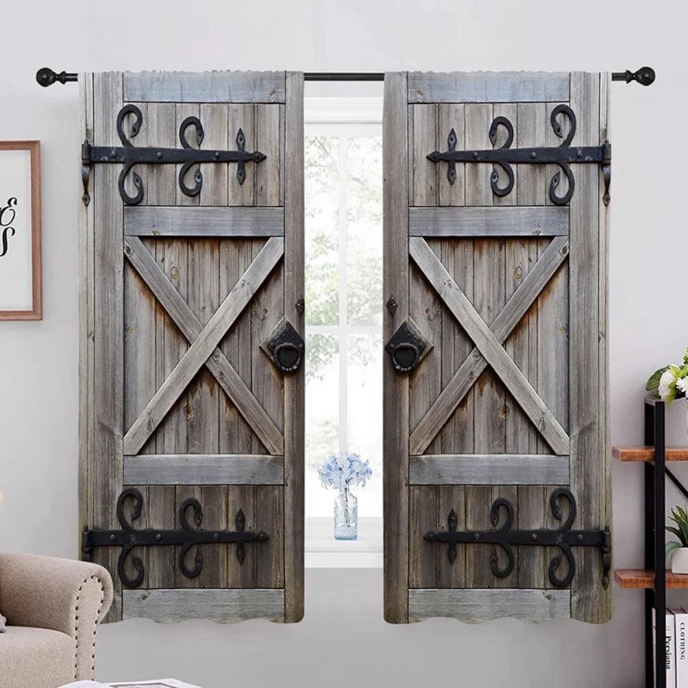 2pcs Retro Simulation Wooden Door Polyester Printed Curtain Grommet Top Window Treatment For Bedroom Office Kitchen Living Room