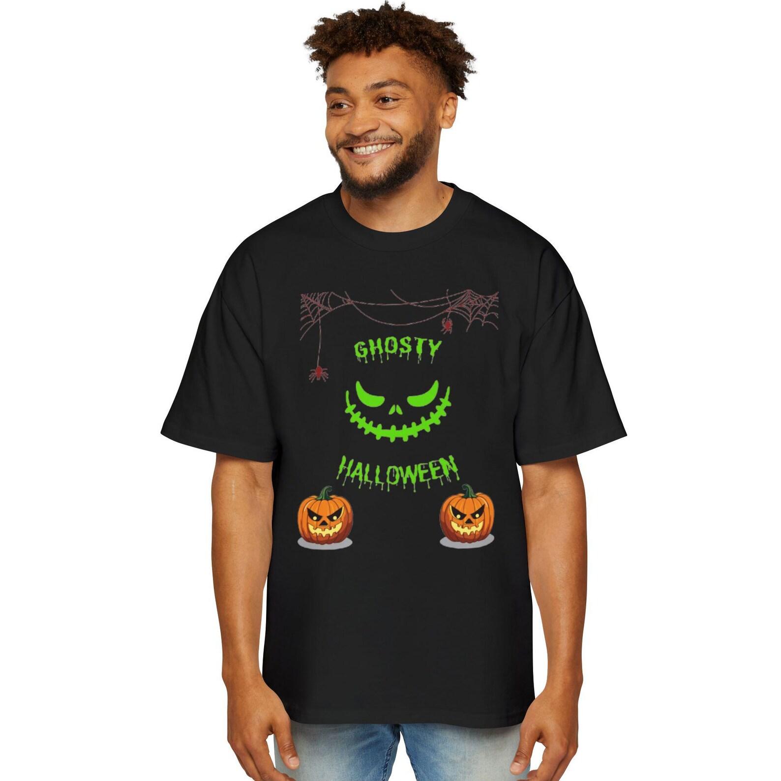 Ghosty Halloween Smiley Tee | Halloween T-Shirt, Neon Green Spooky Face L