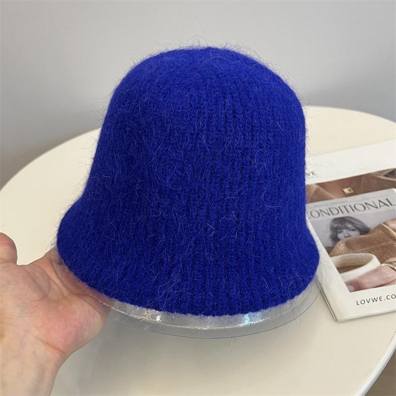 Rabbit hair blended wool knitted vertical striped bucket hat women's autumn and winter warm solid color literary fisherman hat