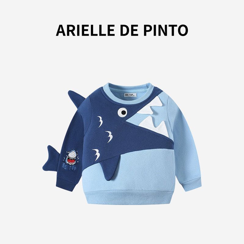

French Brand Arielle De Pinto s New Autumn Outfit for Boys and Girls: Cartoon Shark Fleece Warm Sweatshirt Sky Blue 90
