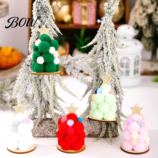 Festive Home Decoration Plush Christmas Tree Ornament, Cute Pom Balls Tree-Shaped Hanging Pendant Round with Star Topper for Wreath Party Handmade