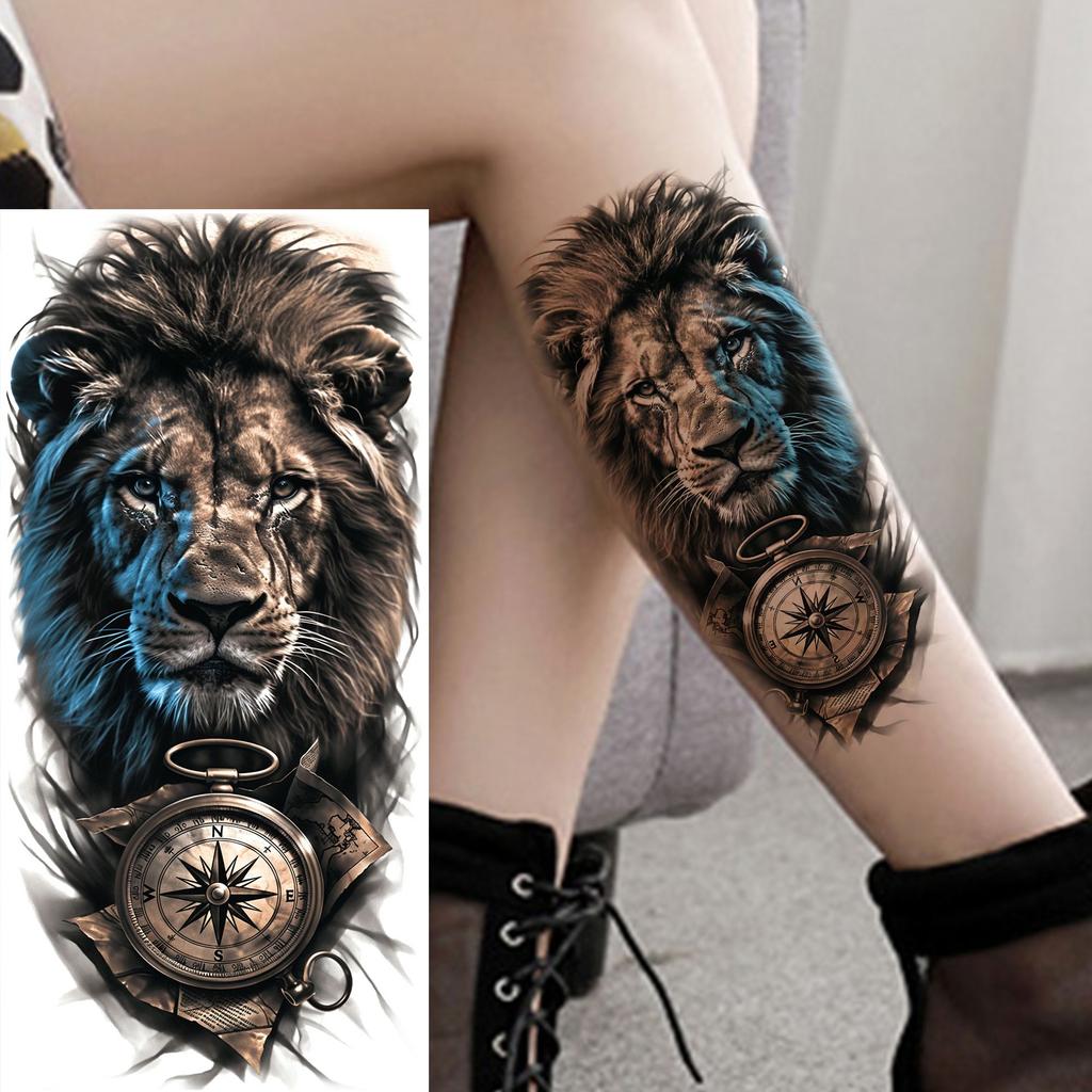 1 Sheet Cool Warrior Lion Tiger Skull Temporary Tattoos For Men Women Adults, Long Lasting Waterproof Temp Fake Tattoo Sticker
