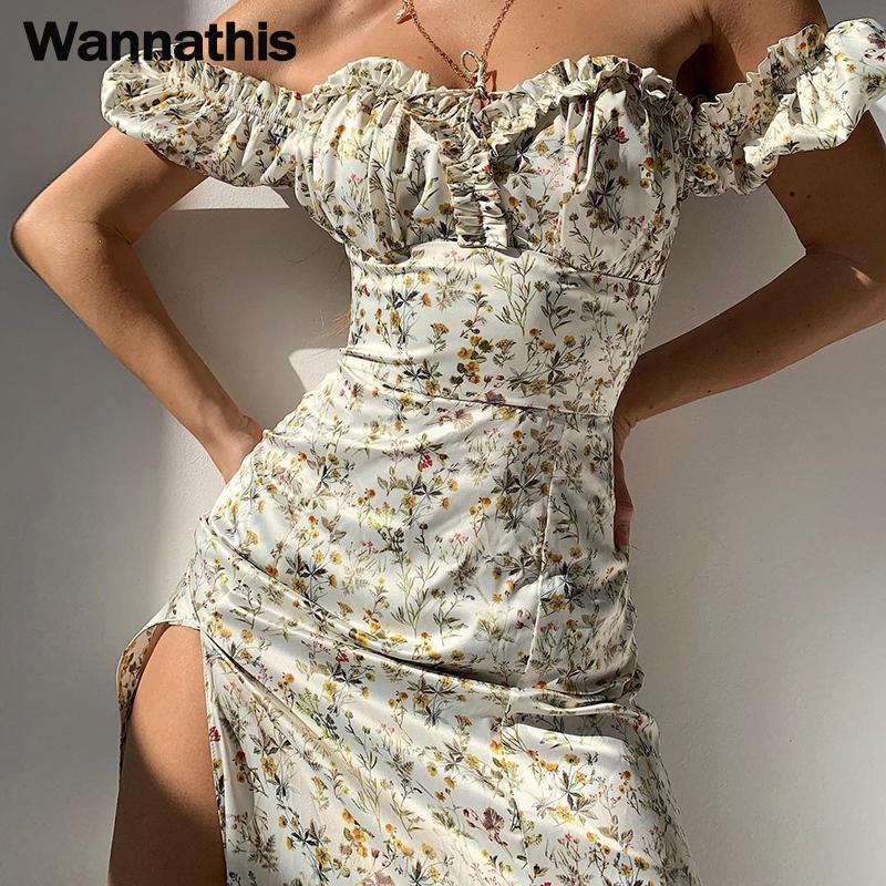 

WannaЭто лето Цветочный с плеча Пышный рукав Макси Платье для женщины Халат Сексуальный кружево Вверх Сторона Сплит Шик Середина Икроножное Эстетическое Платье