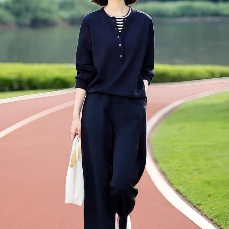 

Women s Long-sleeved Two-piece Outfit That Conceals Fat and Makes The Figure Look Slimmer. Early Autumn Casual Two-piece Striped Top and Pants Set. XXXL