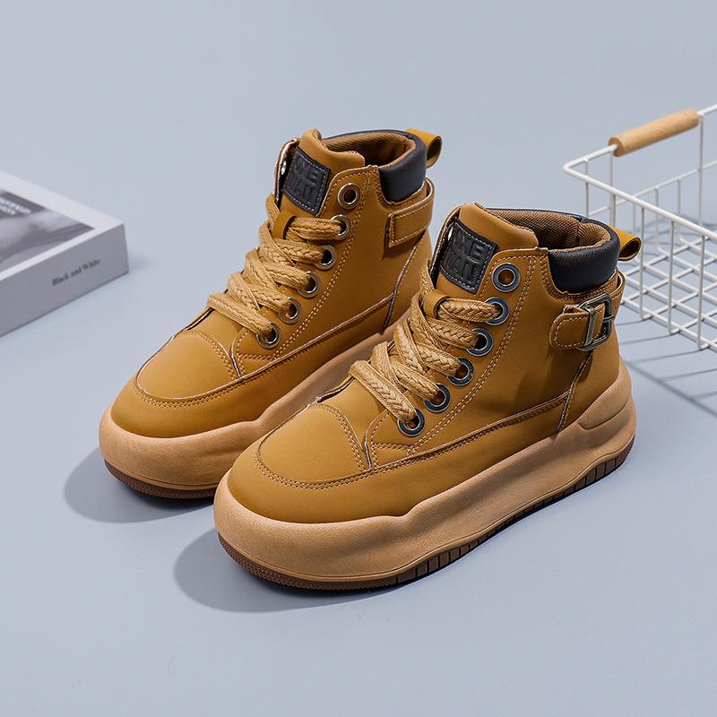 Jarní Nové Studentské Ležérní Plátěnky na Platformě s Kulatou Špičkou Univerzální Vysoké Kotníkové Malé Bílé Boty s Koženým Povrchem pro Udržení Tepla