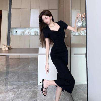 Summer New Temperament Outer Wear Short-sleeved Black Dress Female Slim Side Split Over Knee Long Skirt