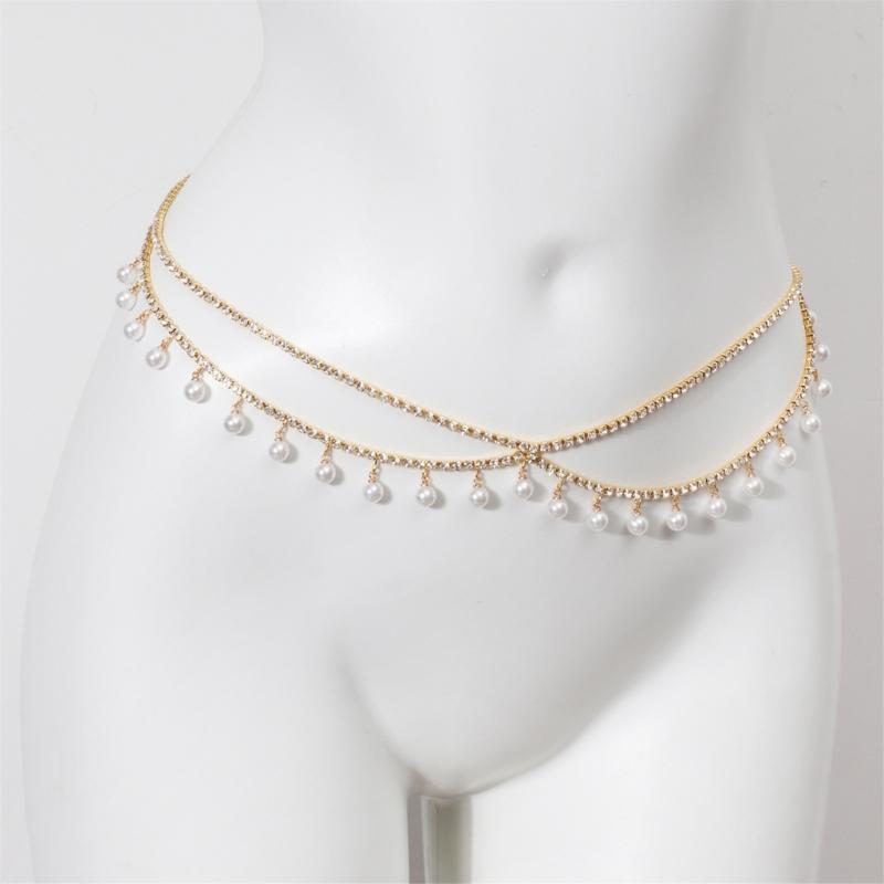 Elegant Two Strand Imitation Pearls Belly Chain With Dangling Fringes For Party And Wedding
