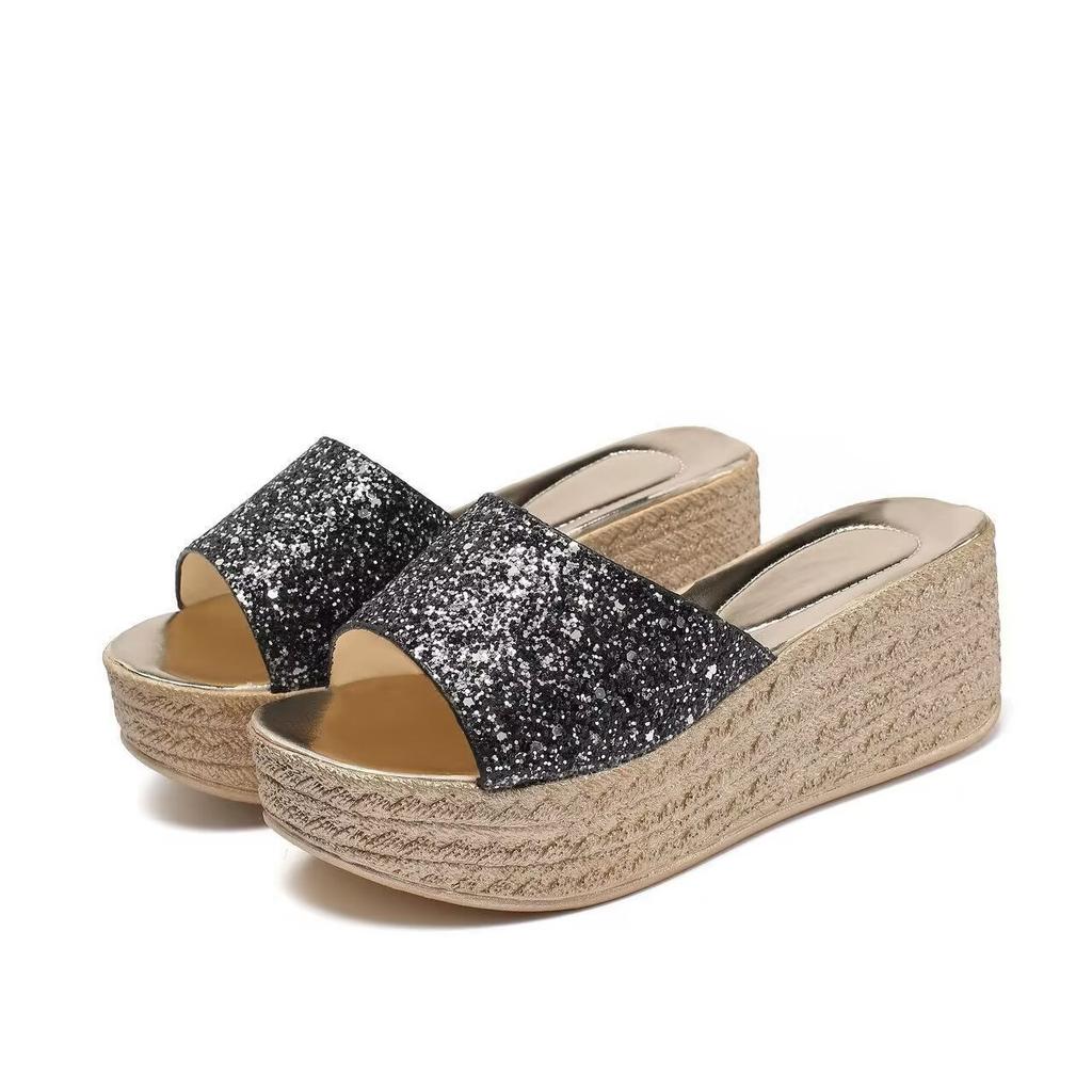 Round head slippers women's thick-soled wedge heel outer wear summer new fashion muffin flat-bottomed one-word sandals women's shoes