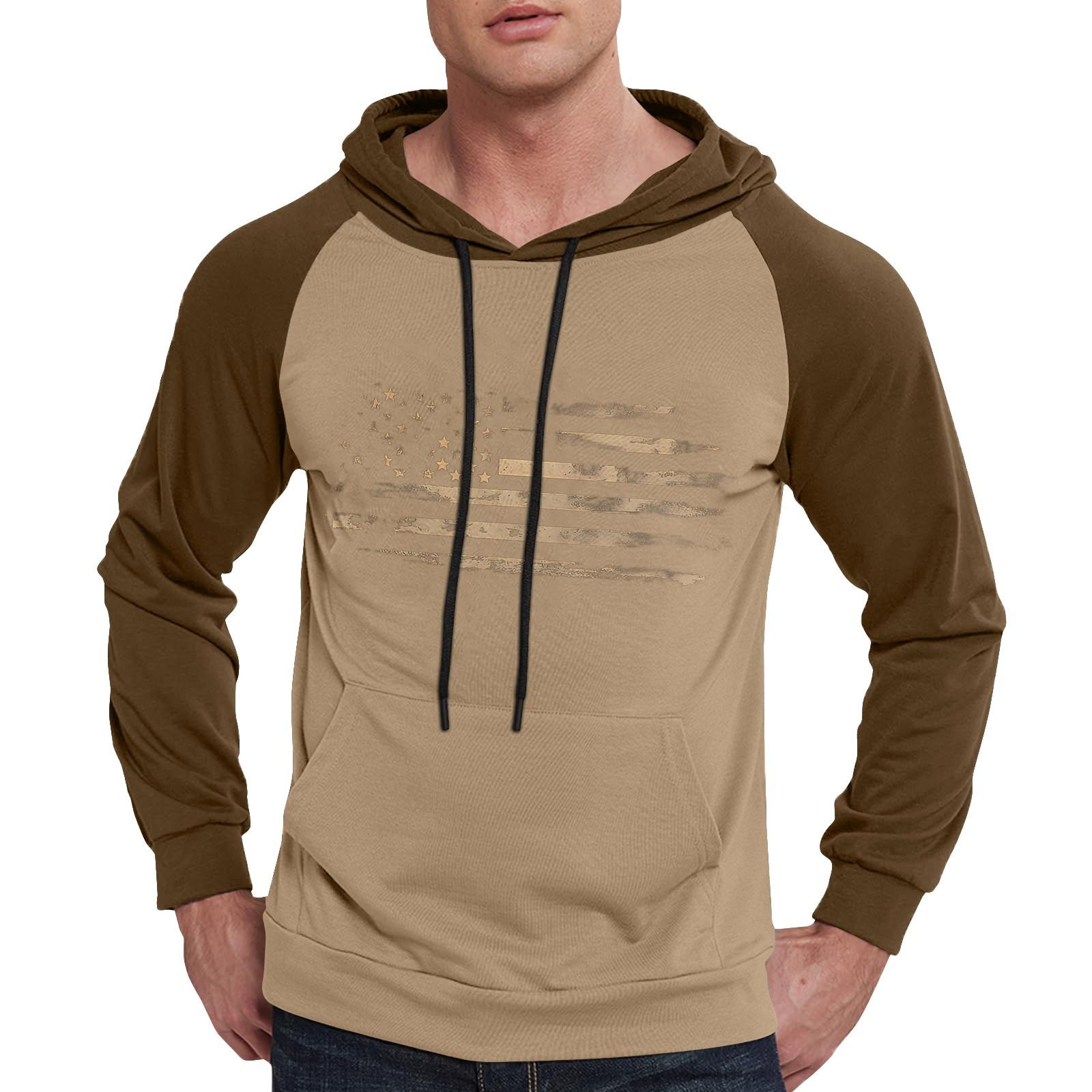 

Мужская повседневная толстовка с капюшоном, завязками, длинными рукавами, принтом флага и карманами XXXL светло-коричневого