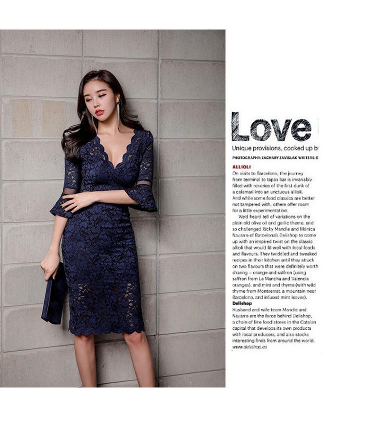 Korean Style Women's V-Neck Lace Slim Fit Pencil Dress