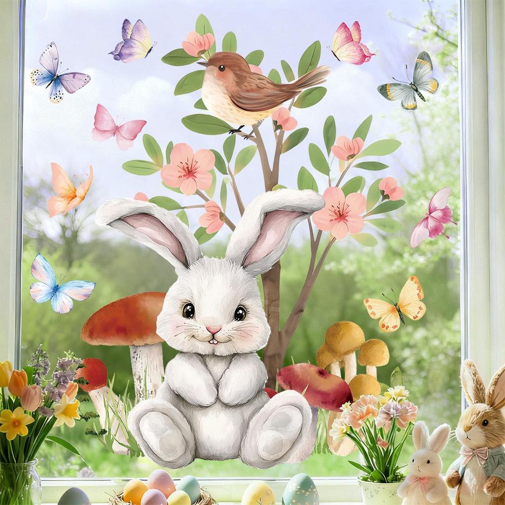 Easter 2026 Cartoon Rabbit & Butterfly Electrostatic Window Stickers