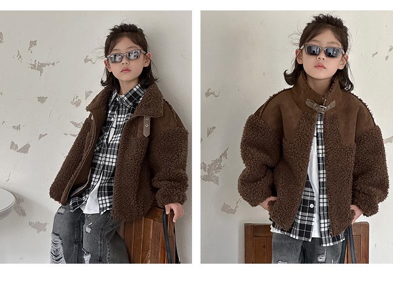 Korean Style Retro Lambswool Biker Jacket for Kids, 2025 Autumn/Winter