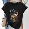 Fashion Wildflower Plants Painting Blouses Short Sleeved V-Neck T Shirts Casual