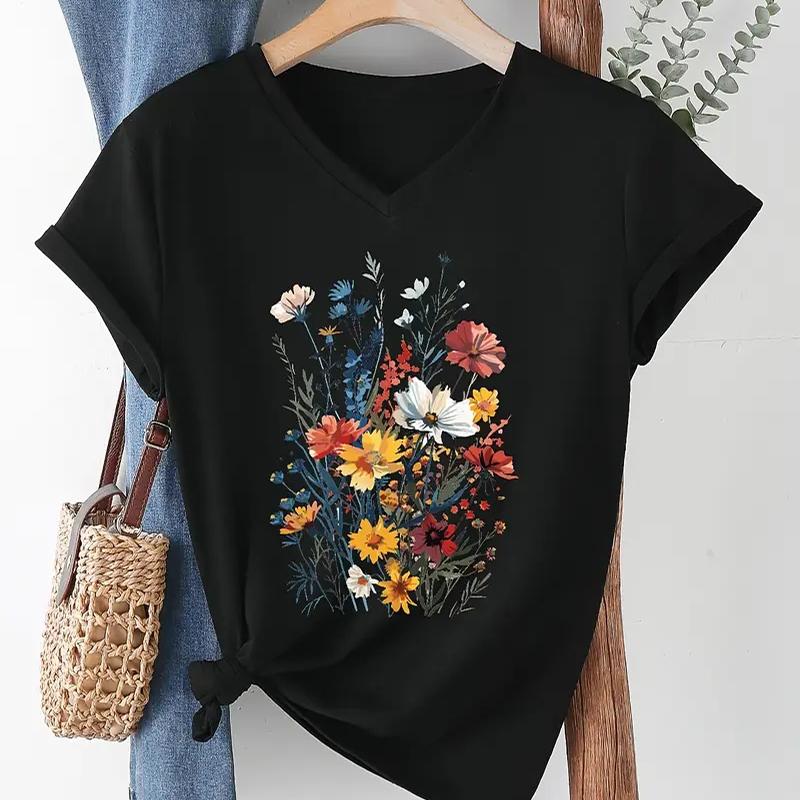 

Fashion Wildflower Plants Painting Blouses Short Sleeved V-Neck T Shirts Casual XS чорний