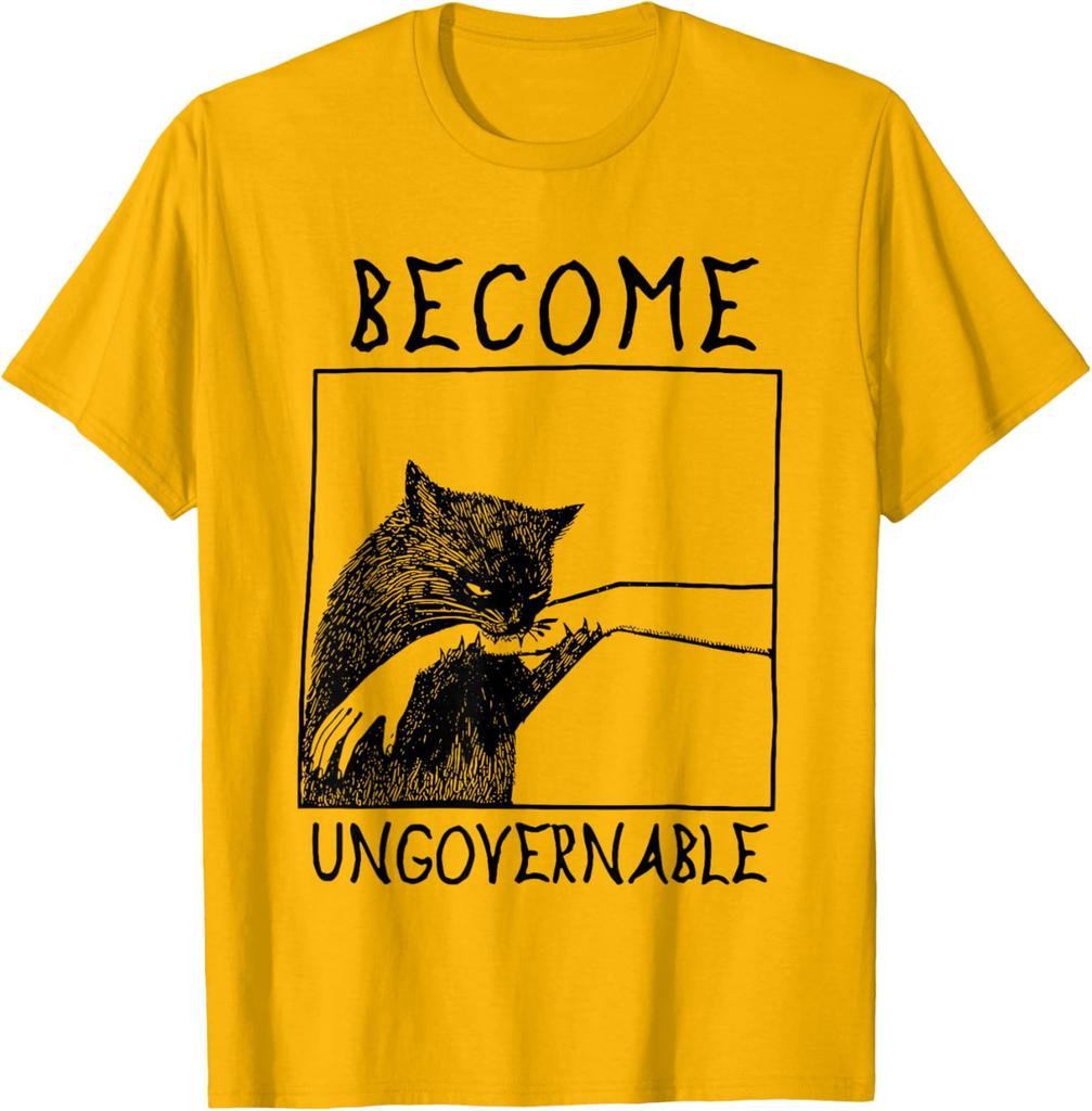 Become Ungovernable Biting Cat Meme Graphic Tee Cotton Casual Crewneck T-Shirt for Daily Wear