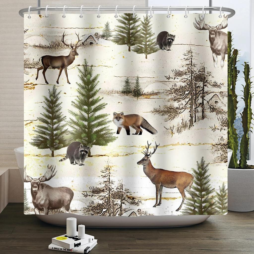 Forest Animals Shower Curtain jungle Trees Plant Wildlife Bird Bear Elk Fox Deer Modern Minimalist Kids Bathroom Shower Curtain