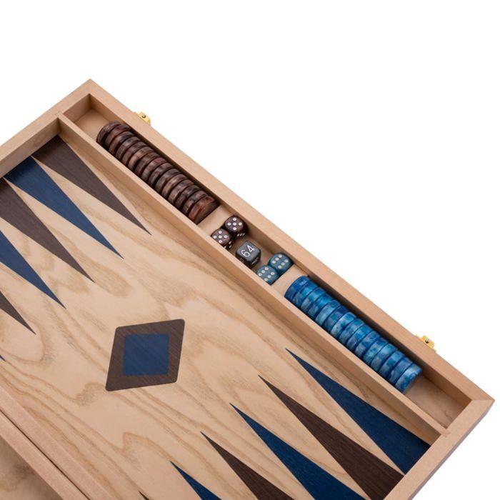Backgammon de Luxe Bois - ENGELHART - 18 pouces (52x45,5 cm) Bois de ronce & noyer - Pions bleu/brun - Valise rigide