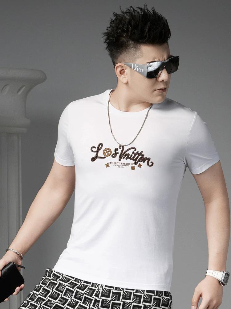 Ozhouzhan Beads Print Fashion Brand Short sleeve T-shirt Men 2025 New Mercerized Cotton Men's Top Summer T-shirt