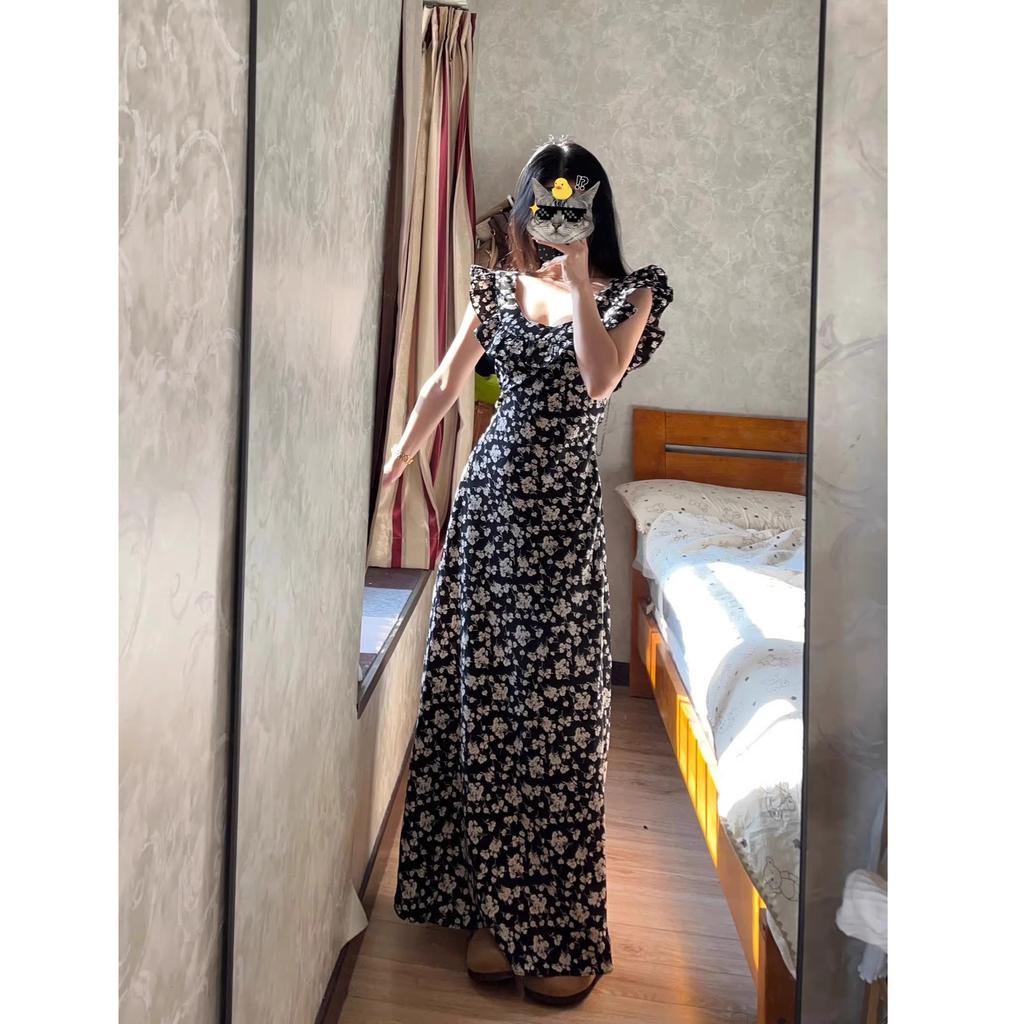 75 Tall Extended Black Floral Waist Dress Women's Ankle Rose Island Lotus Leaf Edge Skinny Long Dress