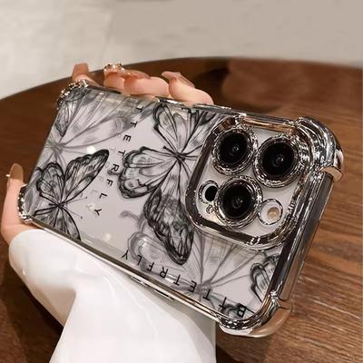 Black Beautiful Butterfly Plating Phone Case For iPhone 16 15 14 13 12 11 Pro Max X XR XSMax 7 8 Plus Anti-Fall Airabag Back
