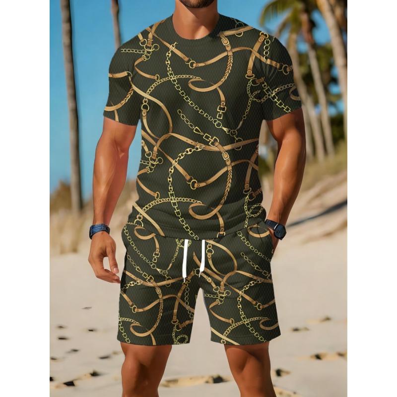 Men'S Summer Casual Sportswear Set Featuring a Breathable Round-Neck T-Shirt And Shorts with Digital Print