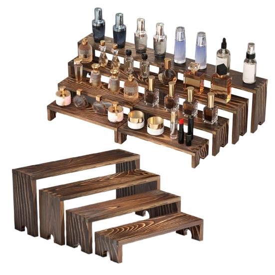 4Pcs/Set Wooden Tiered Riser Display Stand 4-Tie Perfume Organizer Stand Rustic Dessert Spice Figure Display Rack Riser Shelf Decoration