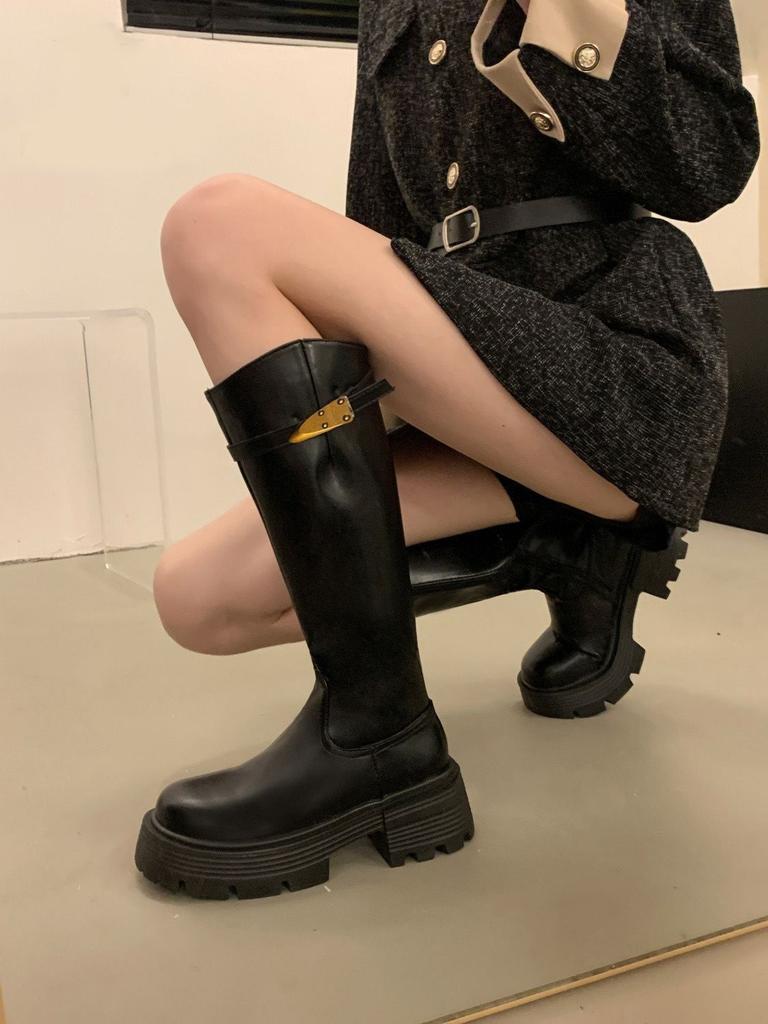Thin-soled Maillard Knight Boots Foreign Small Versatile Metal Boots Women