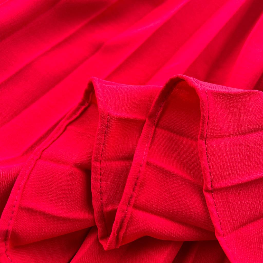 Autumn Women Vintage Pleated Midi Dress Elegant V-Neck Puff Long Sleeve High Waist A-Line Red Green Dresses