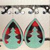 Vintage European & American Red Plaid Teardrop Leather Christmas Tree Earrings with Sequin Pendant